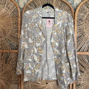 Vintage 1980s Floral Lightweight Open Blazer Jacket - Gray, Yellow & Pink